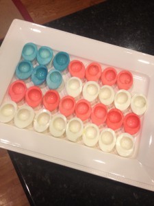 Dyed cooked egg whites.